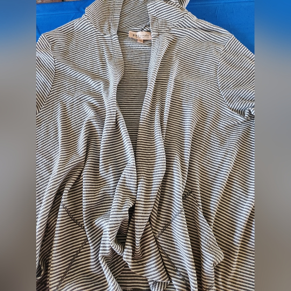 Philosophy 2XL Gray Stripe Open Front Hooded Cardigan 2 Pockets